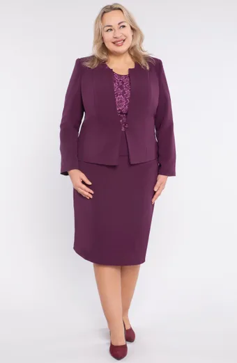 Trijų dalių tamsiai violetinis peplumo kostiumas
