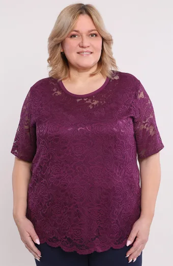 Violetinė gėlėta nėriniuota palaidinė