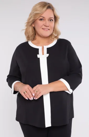 Juoda palaidinė su balta apdaila ir kaspinu