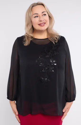 Juoda šifoninė palaidinė su papuošimais