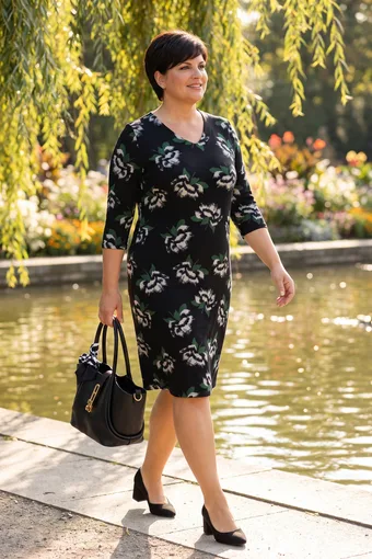 Juoda suknelė su smėlio spalvos gėlėmis