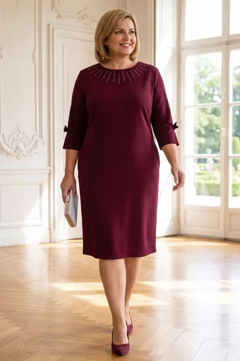 Burgundiškos spalvos suknelė su sidabrinėmis detalėmis iškirptėje